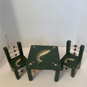 Fish And Buoy Table With  2 Chairs Vintage Rustic Miniature Lake House Decor